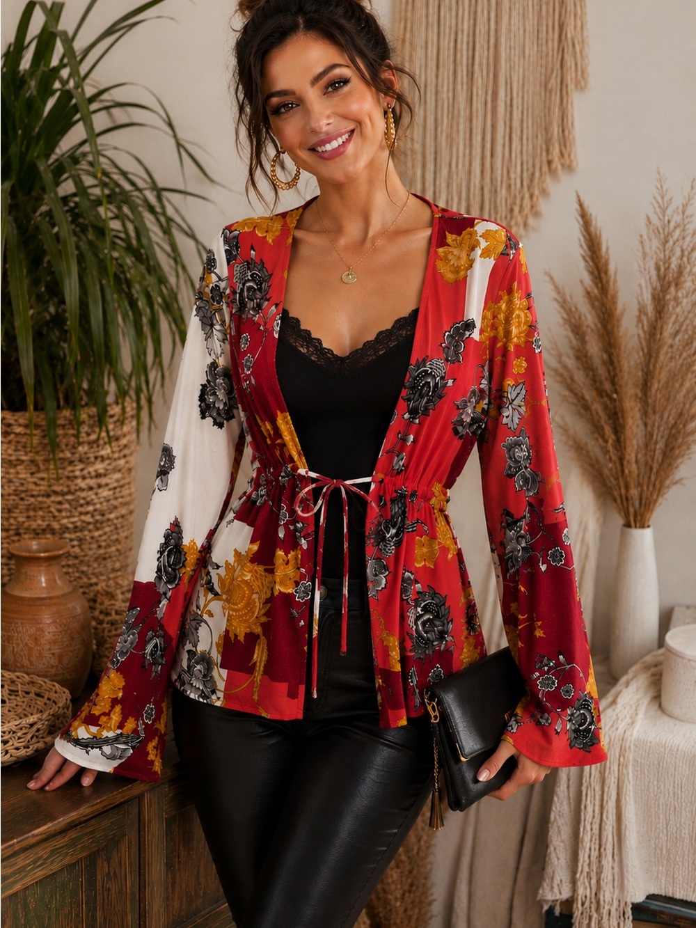 Starlette NWOT Boho Floral Scarf Print Tie Waist Long Sleeve Blouse Top A34